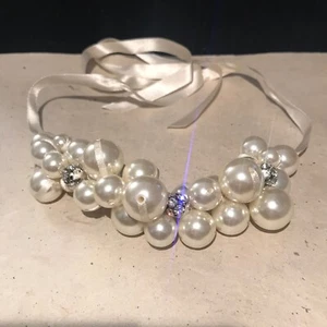 Faux Pearl Ribbon Necklace 18” - 32” - Diamonte Wedding Natural Beauty Classic - Picture 1 of 12