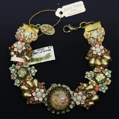 Pulseira Michal Negrin tecido cristais flores coleção antiga feita em Israel - Imagem 1 de 4