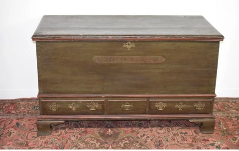 dated 1787 dower chest blanket box 3 drawer PA early paint strap hinges folk art Cover