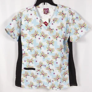 Divine Scrubs by JDM Scrub Top NWT V-Neck Butterfly Print Flattering Black Sides - Picture 1 of 4
