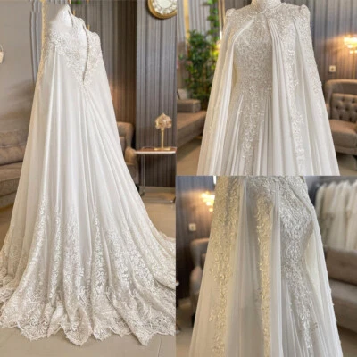 Muslim Chiffon Wedding Dress with Cape Lace Applique Long Sleeves Bridal Gown - Image 1 of 4