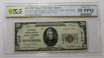 $20 1929 Fort Scott Kansas KS National Currency Bank Note Bill #3175 VF35 PCGS - Image 1 of 4