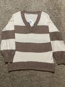 Suéter Hippie Rosa Rayas Chenilla Cuello en V Para Mujer Grande Blanco Beige Pullover - Imagen 1 de 10