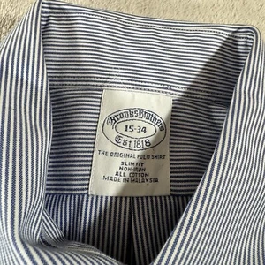 Brooks Brothers Shirt Mens 15 34 Blue Striped Slim Fit Non-Iron Button Preppy - Picture 1 of 6