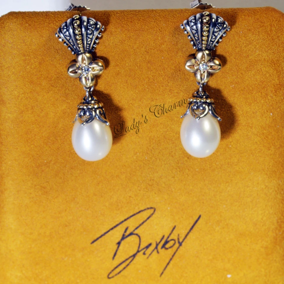 🦋 Pendientes colgantes PARE HE Barbara Bixby diamantes perlas blancas oro de ley 18 quilates Foto 1 de 4