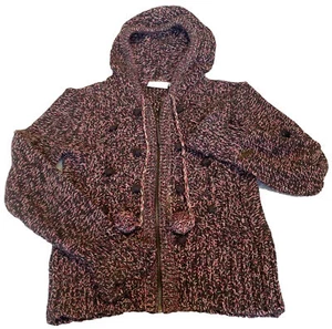 DKNY Knit Cardigan Hoodie Zip Sweater Pom Pom Accent Pink Brown - Picture 1 of 12