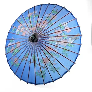 Vintage blau asiatischer Sonnenschirm Vögel Blumen Bambusrahmen handbemalt Regenschirm 25" - Bild 1 von 12