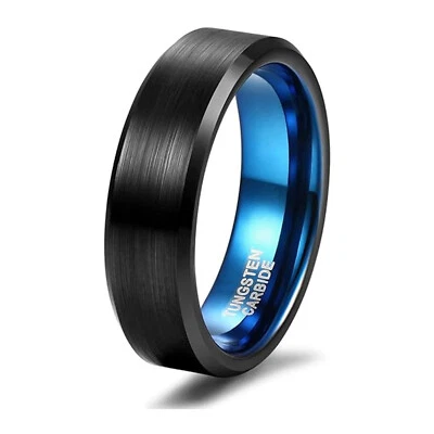 Anillo de boda de tungsteno negro mate de 4/6 mm borde biselado azul banda de promesa tamaño #4-15 Foto 1 de 4