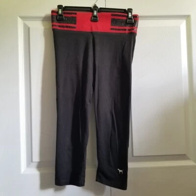 VS PINK Leggings X-Small Black Red Capri Rhinestone Logo Foldover Waistband - Image 1 of 4