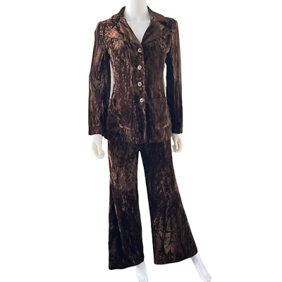 Rare 70s Vintage Crushed Velvet Flare Pants + Blazer Bellbottom Set Junior House - Image 1 of 4