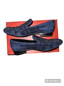 Donald Pliner Navy Blue Suede Studded Loafer Shoes Slip On Rhinestone Size 9