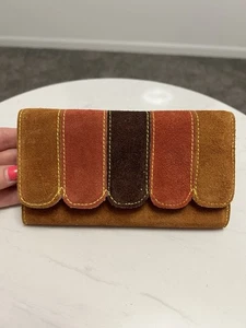 Vtg 1970s Suede Patchwork Wallet Clutch Scalloped Edge MCM NOS - Picture 1 of 16
