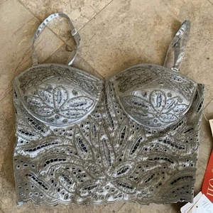 Winnie & Joe Vintage Bustier Corset Embroidery On Satin Beaded Gray Size Large - Picture 1 of 10