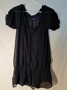 Miley Cyrus Blouse Sheer Black Pleated Front- Ruffle Trim Tie Neck Size Large - Picture 1 of 9