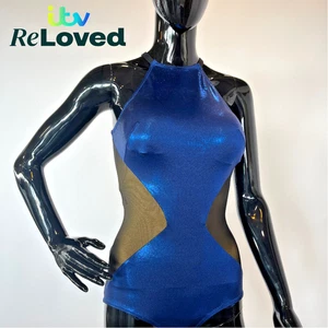 DANCING ON ICE: blue, black & gold geometric leotard, UK 10 - preloved by ITV - Picture 1 of 19