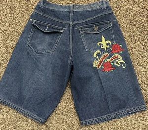 Vintage Y2K Makaveli Jeans Shorts blau Baggy weites Bein Grafik Herren 34x13 - Bild 1 von 9
