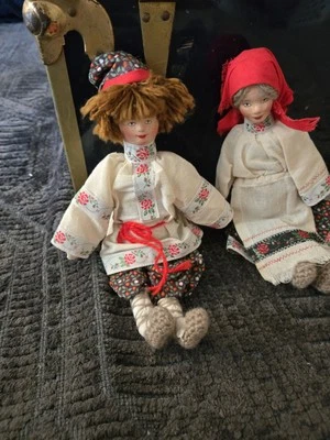 Vintage Pair of Russian Cloth Dolls 11” Handmade Dolls Folk Art Painted Face - Immagine 1 di 4