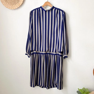Vtg Liz Claiborne blue silver striped blouson drop waist modest dress 10 silky - Image 1 of 4