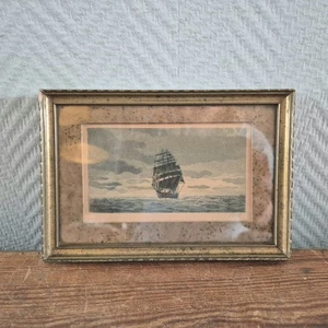 Tableau ancien dessin d'une tondeuse naviguant sur bateau de mer signé encadré - Picture 1 of 7