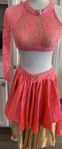 Coral color two-piece dance costume iridescent lace and satin - Picture 1 of 5