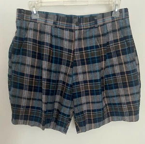 Black Blue Plaid Light Weight Summer Cotton Shorts Men's Size 36 Pleated Front - Picture 1 of 3