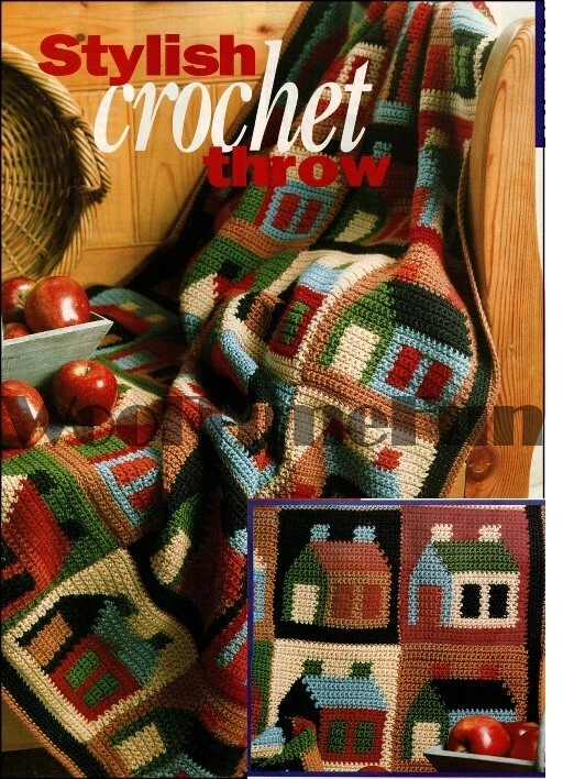 Crochet Pattern  Log Cabin Cottages Houses Afghan Throw Blanket Easy Crochet - Image 1 of 1