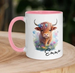 Personalised Mug highland Coo Scottish Cow mug your name multiple colour options - Picture 1 of 13