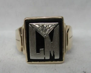 ANTIQUE MENS 14K SOLID GOLD DIAMOND ONYX INITIAL "LM "RING 7.2 GRAM SIZE 10.5 - Picture 1 of 6