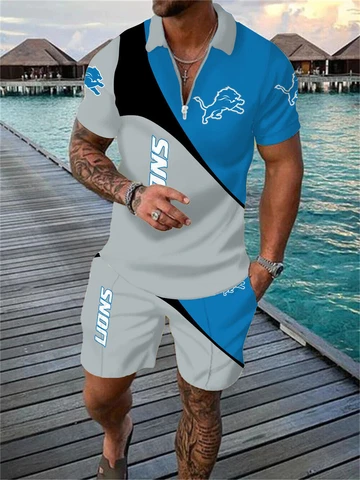 Detroit Lions 2 Pieces Outfits Casual Zip Collared Shirt Beach Shorts Set Cover