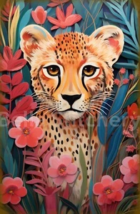 Handmade Floral Cheetah Fine Art 7x10 Quilting or Craft Cotton Fabric Block - Picture 1 of 1