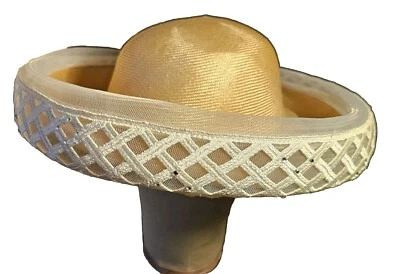 Straw Hat Oscar De La Renta  Lace Cross Hatch Rhinestones Designer Boutique Vtg - Image 1 of 4
