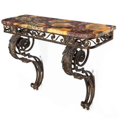 Circa 1930s Art Deco Wrought-Iron Marble Console Pier Table - Image 1 of 4
