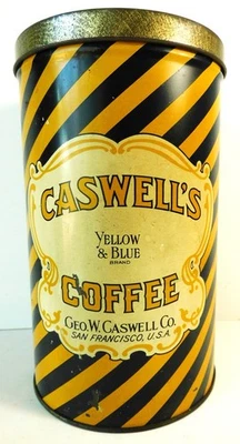 Vintage Caswell s "Blue & Yellow Brand" 3 Lb Coffee Tin With Lid -San Francisco - Image 1 of 4