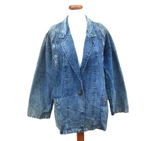 Vintage 80s Denim Blazer Jacket Blue Embroidered Acid Wash Retro Indie Boho 16 - Picture 1 of 4