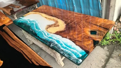 Handmade Ocean Epoxy Resin River Table – Live Edge Wood Coffee Table - Image 1 of 4