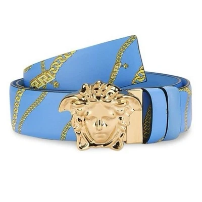 Cinturón reversible de cuero con estampado de cadena dorado Versace La Medusa azul cielo 85/34 para hombre Foto 1 de 4