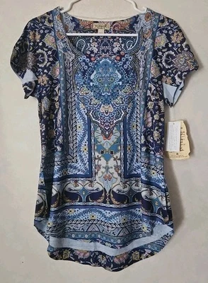 Blusa One World Feminina Azul Multicolorida Paisley Floral Tamanho Pequeno Bainha Hi-Lo - Imagem 1 de 4
