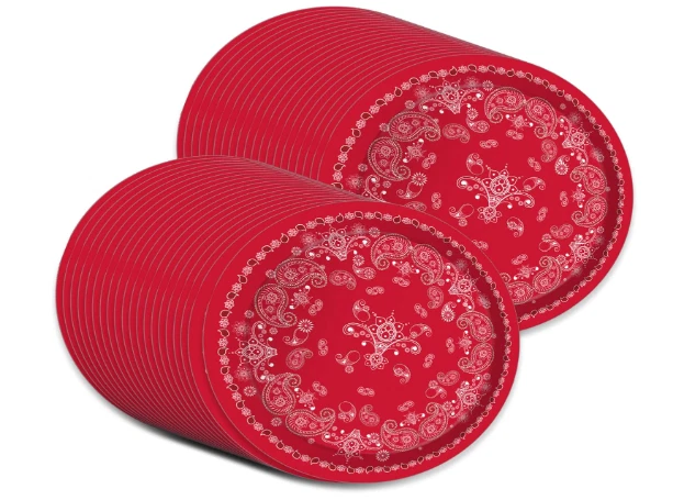 24 Pratos de Sobremesa Western Bandana Vermelha, Estampa Paisley Festa de Cowboy Descartável - Imagem 1 de 4