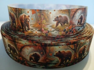Grosgrain Ribbon Brown Bears Grizzly Wildlife Nature Conservation Berries, 1" - Picture 1 of 2