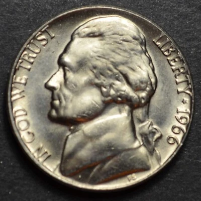 1966 P UNCIRCULATED JEFFERSON NICKEL FROM A SEALED BANK ROLL BUSINESS STRIKE #36 - Image 1 of 2