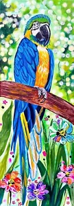 Blau Gelb Ara Vogel Acryl, Ölgemälde Original Tierwelt Papagei Blume Kunst - Bild 1 von 9