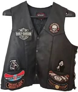 Harley Davidson Leder Biker Weste Gr. 48 beladen mit Patches Pistole Taschenwahl - Bild 1 von 8