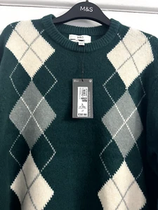 M&S HERREN GRÜN MIX DIAMANT GEMUSTERTER RUNDHALSAUSSCHNITT PULLOVER - Bild 1 von 4