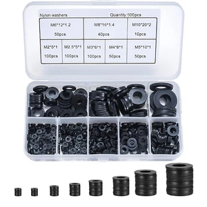 500 Pcs Nylon Washers, Plastic Flat O Ring Washers, Black round Seals Spacer Was - Picture 1 of 12