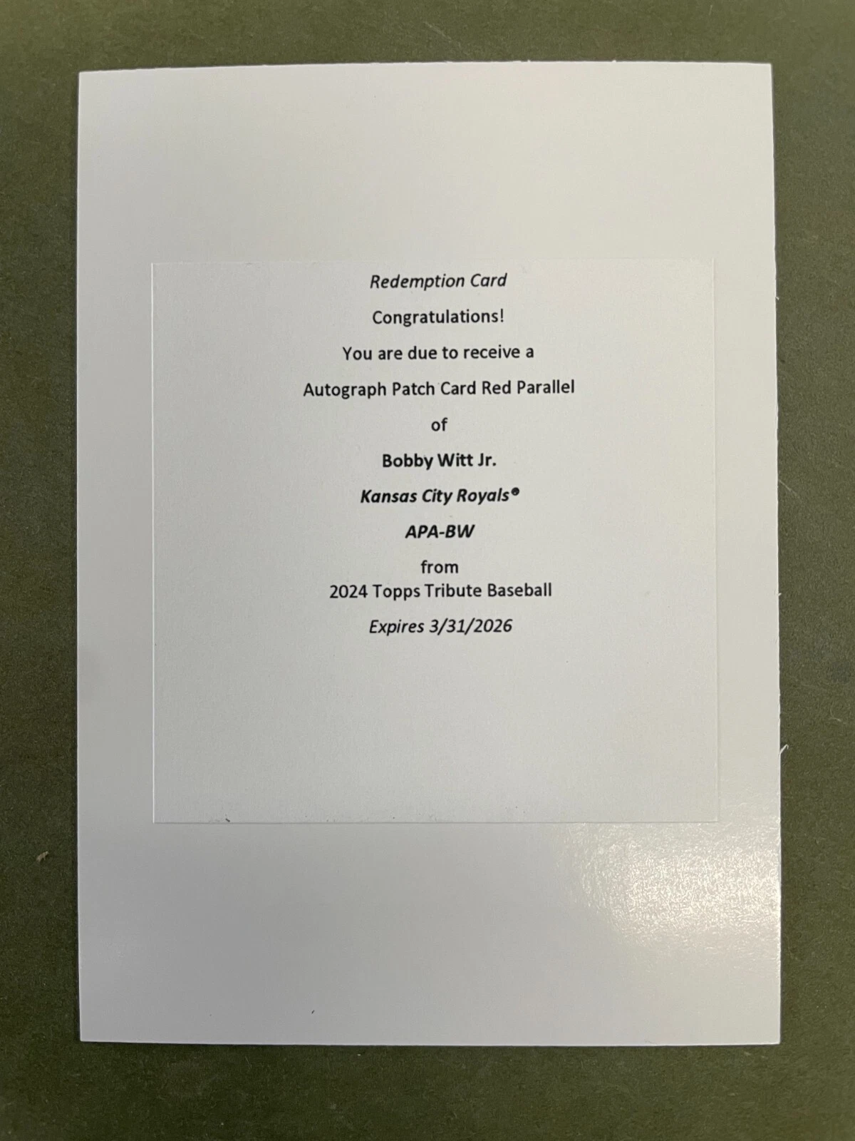 2024 Topps Tribute BOBBY WITT JR. RED PARALLEL PATCH AUTO /10 Kansas City Royals