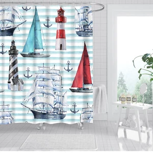 Waterproof Nautical Shower Curtain - Lighthouse Sailboat Anchor Set 12 Hooks - Picture 1 of 8