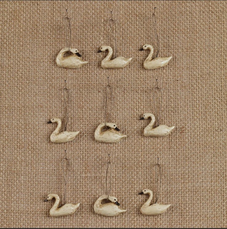 Mini Swan Ornament Set of 9 - Primitive Christmas Tree - Distressed Wood