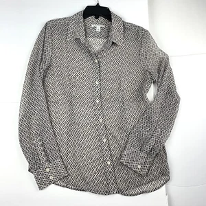 Banana Republic Bluse Oberteil Damen 12 grau Print transparent Langarm Knopfleiste - Bild 1 von 9
