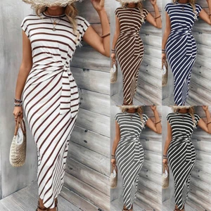 Striped Print Dress Long Dress Party Dresses Workwear Summer Dresses Knot Casual - Picture 1 of 19
