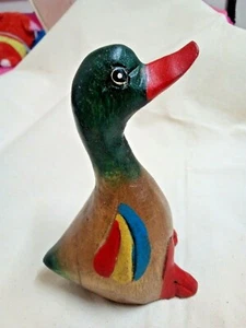 Vintage Wood Duck Figurine Paint Handmade Carved Green Red Garden Decor Animal - Picture 1 of 12